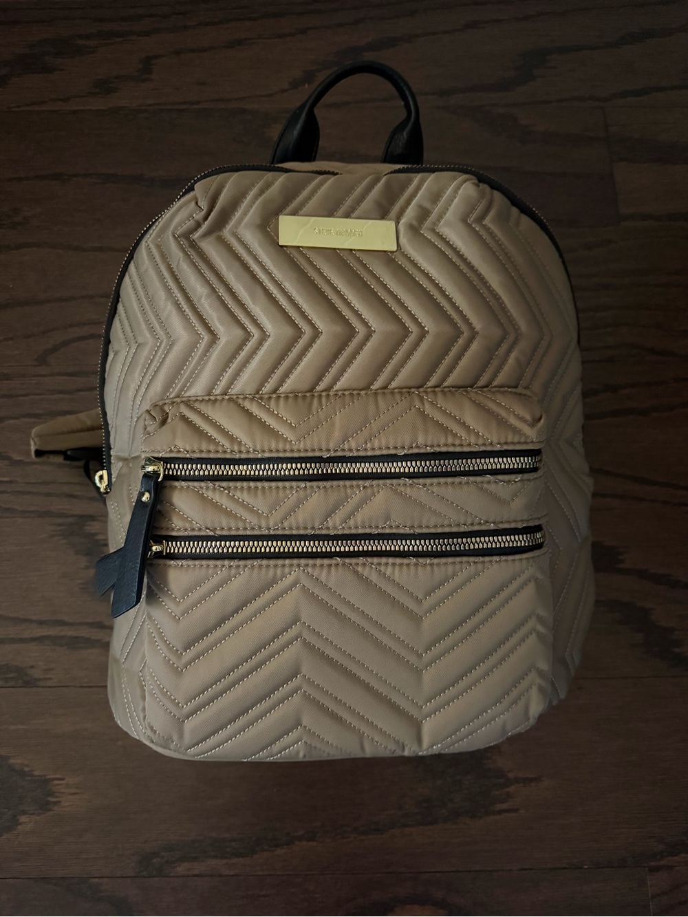 Steve Madden Quilted Taupe Mini Backpack with Gold Hardware